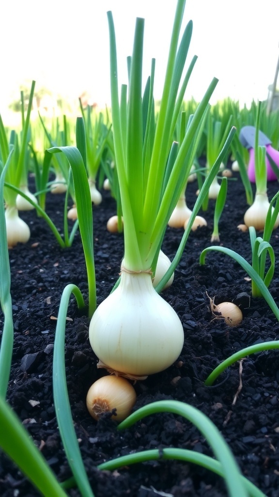 A garden bed with growing yellow onions, green tops, and soil, under a sunny sky.
